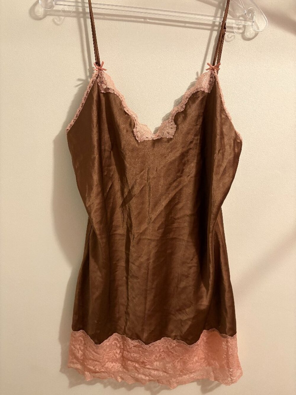 Victoria's Secret Mocha Satin Cami Slip Pink Lace Trim Size L